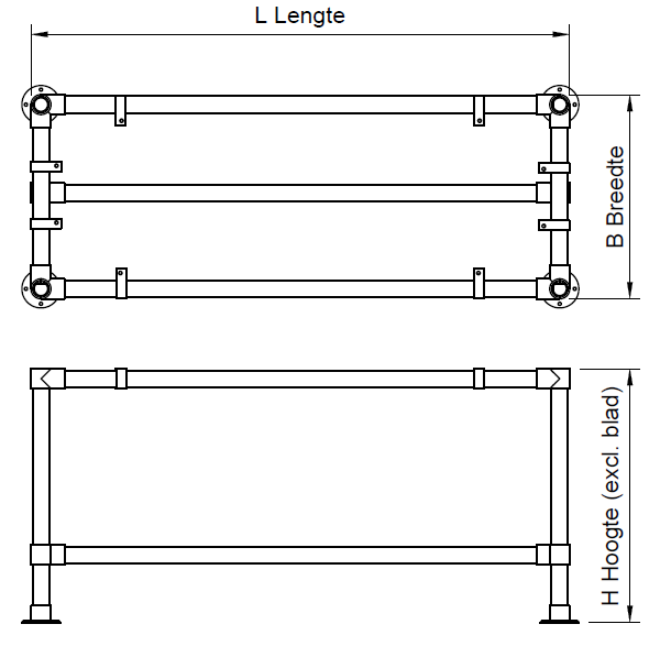 Steigerbuis onderstel werktafel met onder-etage uit buis Ø 42,4 mm