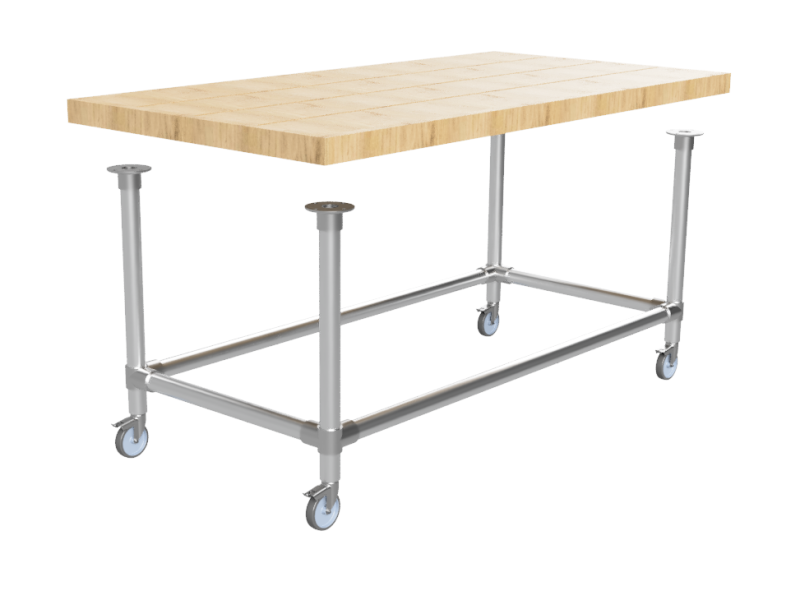Steigerbuis onderstel tafel met onder-etage uit buis Ø 42,4 mm zwenkwielen