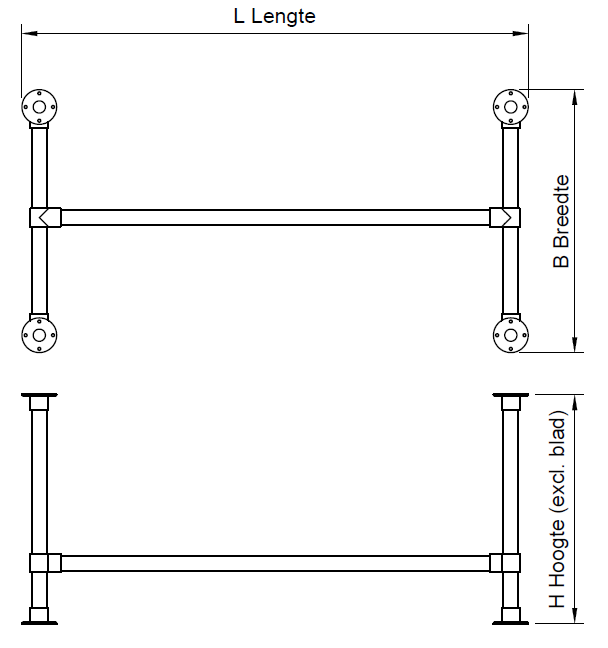 Steigerbuis onderstel tafel met onder-etage uit buis Ø 42,4 mm