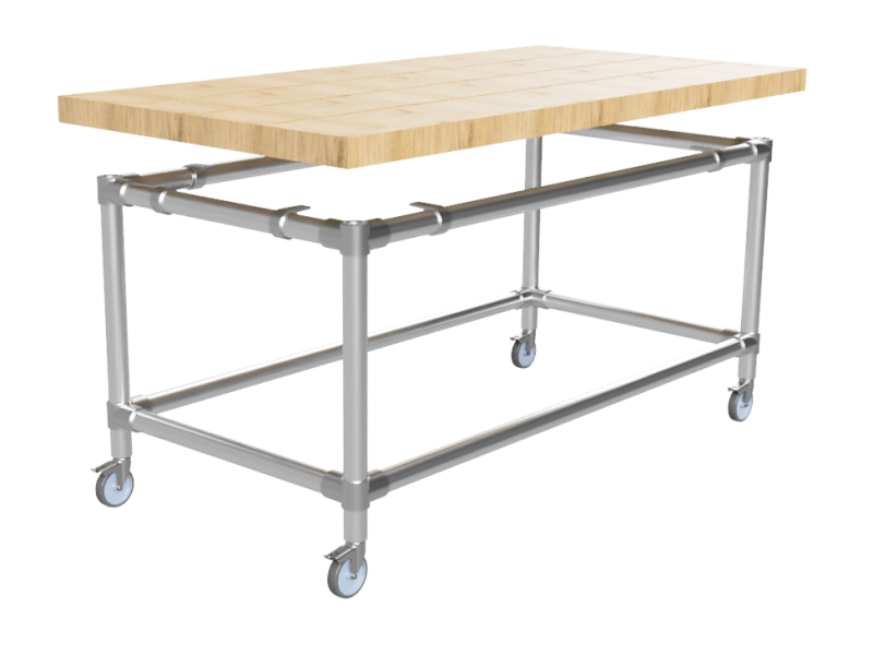 Werktafel onderstel met onder-etage uit gegalvaniseerde buis Ø 48,3 mm zwenkwielen