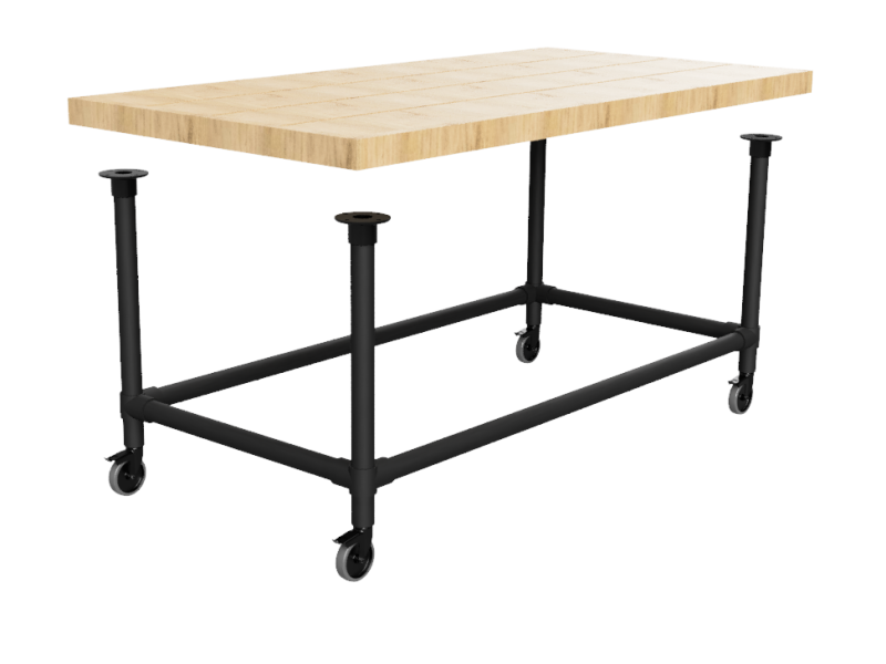 Zwarte steigerbuis onderstel tafel met onder-etage uit buis Ø 33,7 mm zwenkwielen