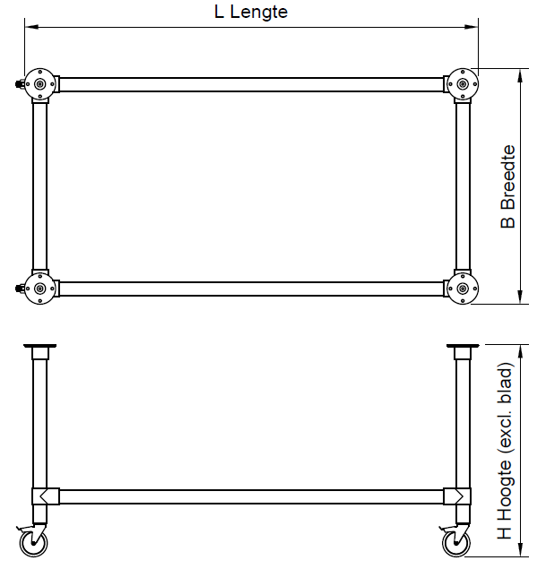 Zwarte steigerbuis onderstel tafel met onder-etage uit buis Ø 42,4 mm zwenkwielen