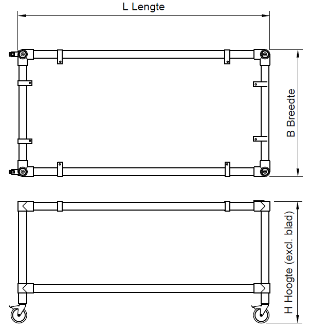 Zwarte steigerbuis onderstel tafel met onder-etage uit buis Ø 48,3 mm zwenkwielen