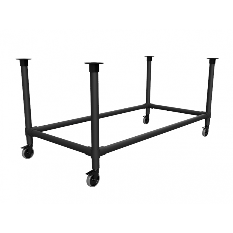 Zwarte steigerbuis onderstel tafel met onder-etage uit buis Ø 48,3 mm zwenkwielen
