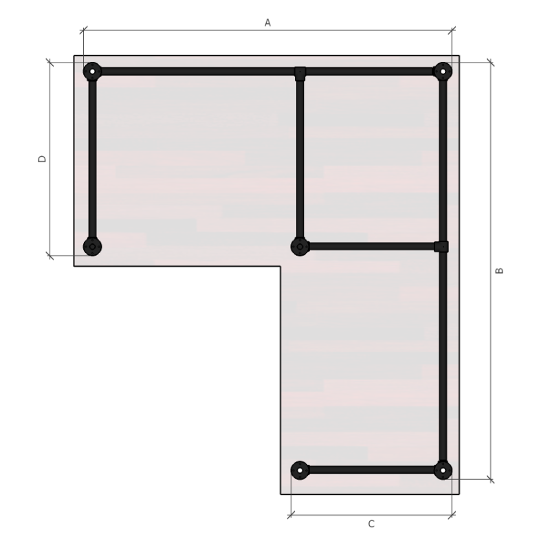 Zwart onderstel bureau hoektafel uit buis Ø 33,7 mm voor zelfdragend blad