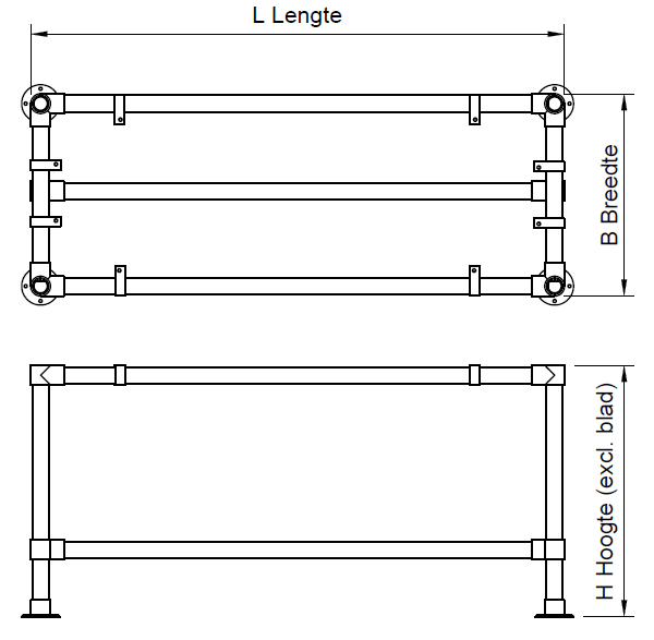 Steigerbuis onderstel werktafel lang met onder-etage uit buis Ø 42,4 mm