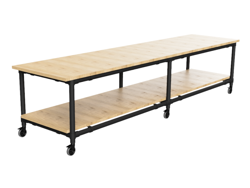 Werktafel onderstel lang met onder-etage uit zwarte buis Ø 33,7 mm en zwenkwielen