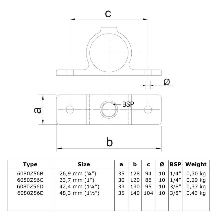 Dubbele bevestigingslip 180° uitwendig zwart Ø 42,4 mm