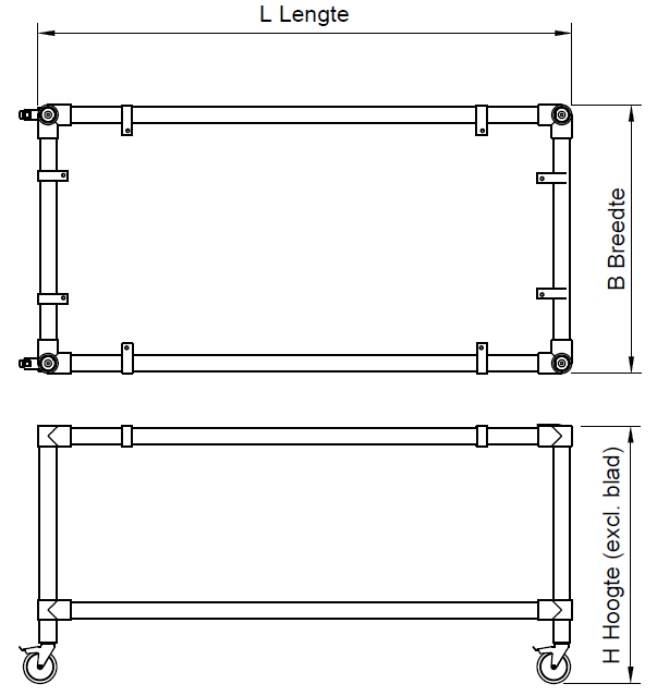 Werktafel onderstel met 2 onder-etages uit gegalvaniseerde buis Ø 42,4 mm