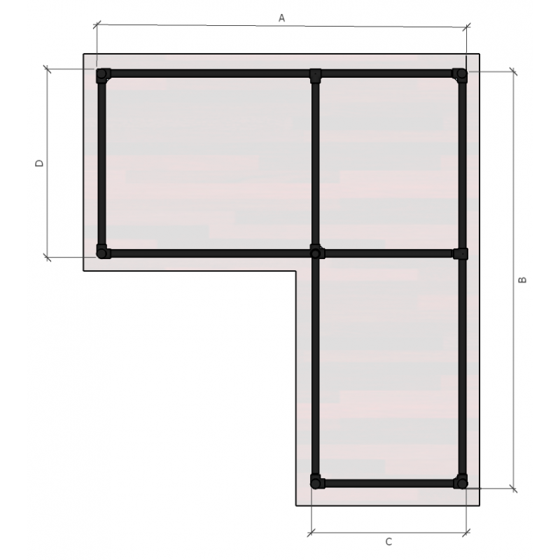 Steigerbuis onderstel bureau hoektafel met 2 extra ondersteuning uit zwarte aluminium buis Ø 42,4 mm