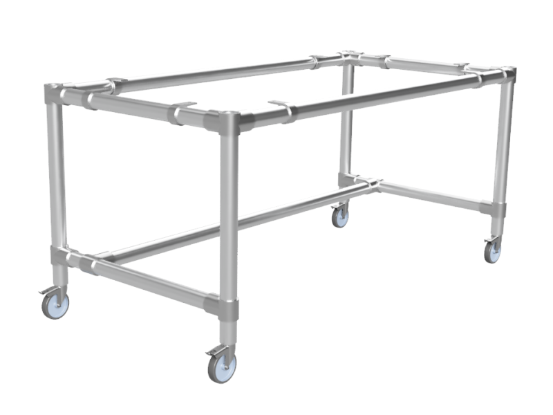 Werktafel op maat - MDF werkblad 18 mm - gegalvaniseerd onderstel Ø 33,7 mm - wielen Ø 75 mm