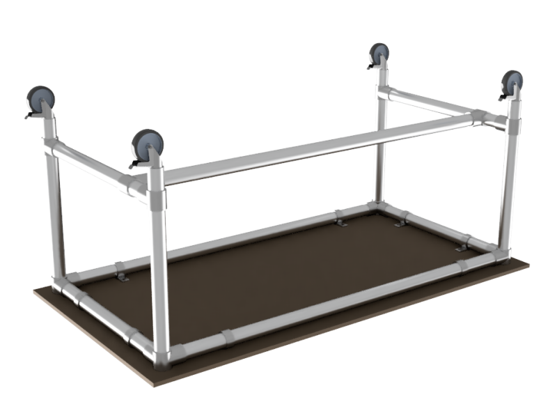 Werktafel op maat - MDF werkblad 18 mm - gegalvaniseerd onderstel Ø 33,7 mm - wielen Ø 75 mm