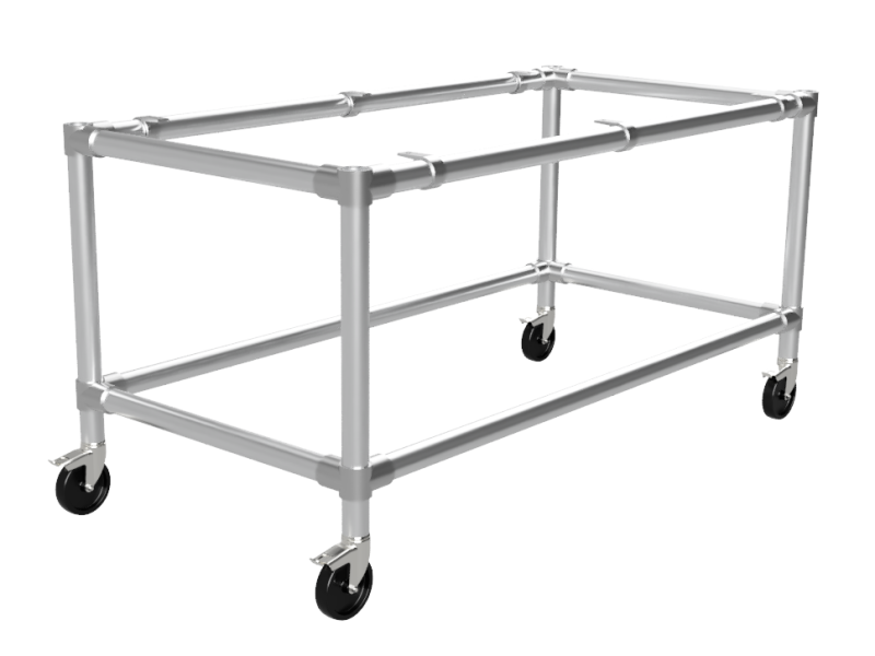 Werktafel 2,44 x 1,22 m - Multiplex werkblad 40 mm - gegalvaniseerd onderstel Ø 33,7 mm - wielen Ø 80 mm