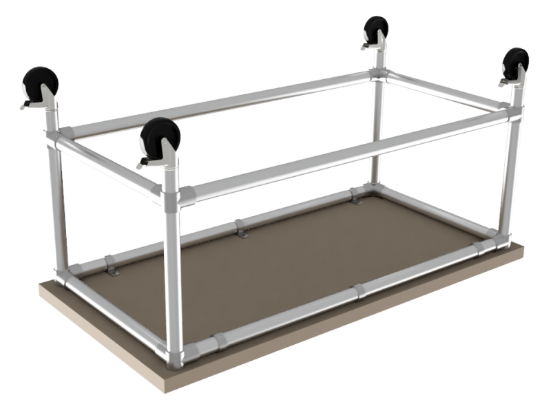 Werktafel 2,44 x 1,22 m - Multiplex werkblad 40 mm - gegalvaniseerd onderstel Ø 33,7 mm - wielen Ø 80 mm