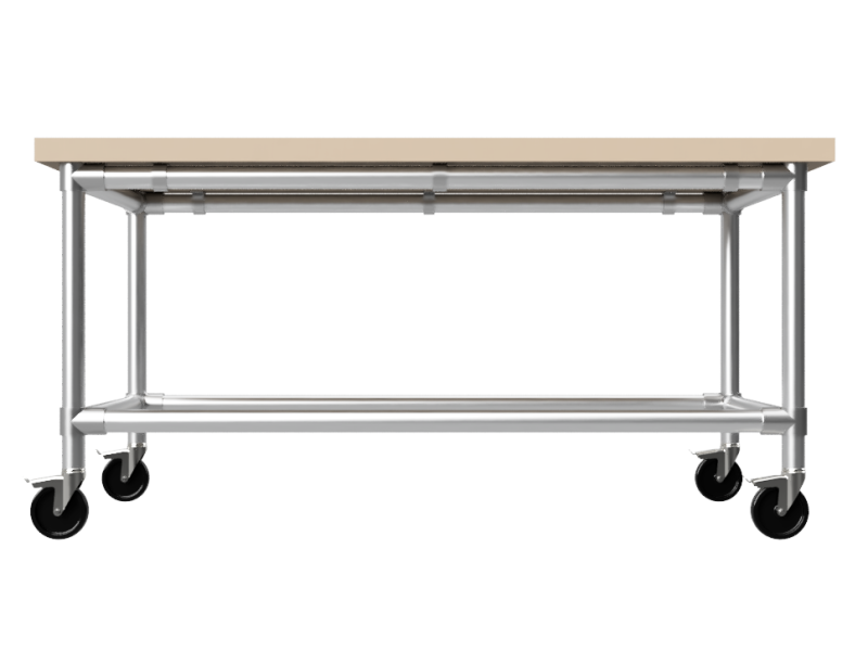 Werktafel 2,44 x 1,22 m - Multiplex werkblad 40 mm - gegalvaniseerd onderstel Ø 42,4 mm - wielen Ø 125 mm