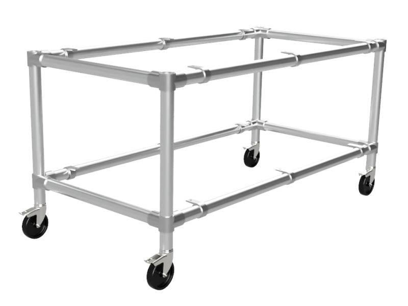 Werktafel 2,44 x 1,22 m - Multiplex werkblad 40 mm - gegalvaniseerd onderstel Ø 48,3 mm - wielen Ø 125 mm