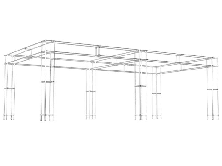 Beursstand Stage tot 6 m op maat 2 secties modulair uit buis Ø 33,7 mm aluminium