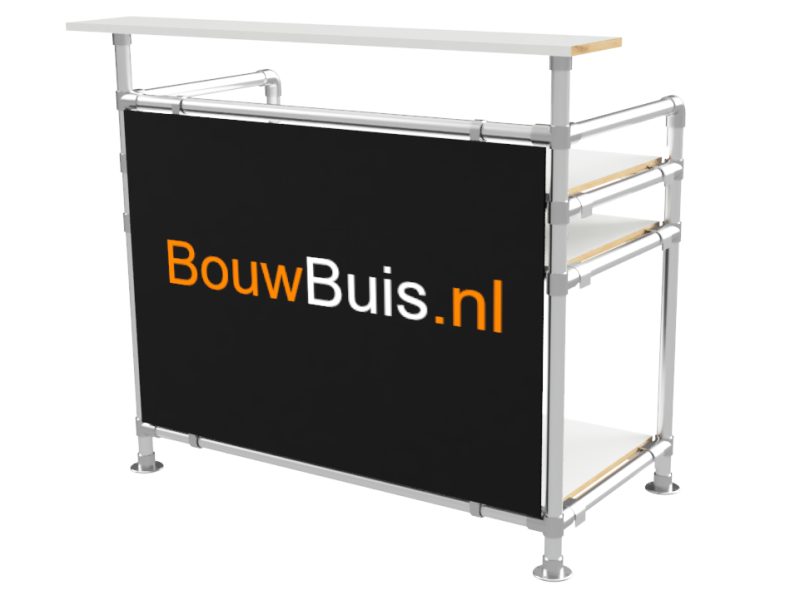 Balie bar stand inclusief werkbladen (zonder reclamebord of spandoekframe) uit buis Ø 33 mm aluminium