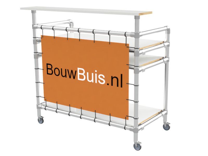 Balie bar stand frame (zonder werkbladen en reclamebord of spandoek) uit steigerbuis Ø 26,9 mm en zwenkwielen