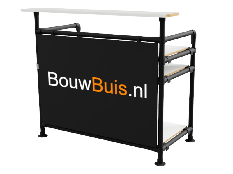 Balie bar stand zwart inclusief 1 werkblad (zonder reclamebord of spandoekframe) uit buis Ø 33 mm aluminium