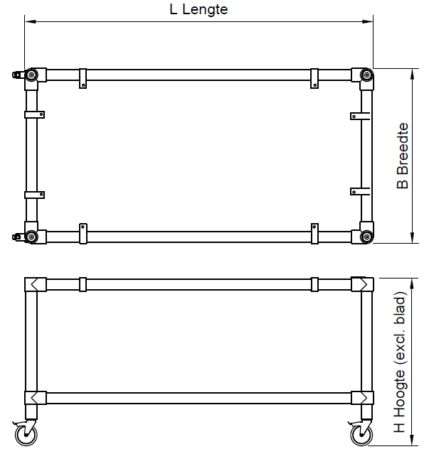 Zwarte steigerbuis onderstel tafel uit buis Ø 26,9 mm zwenkwielen Ø 125 mm