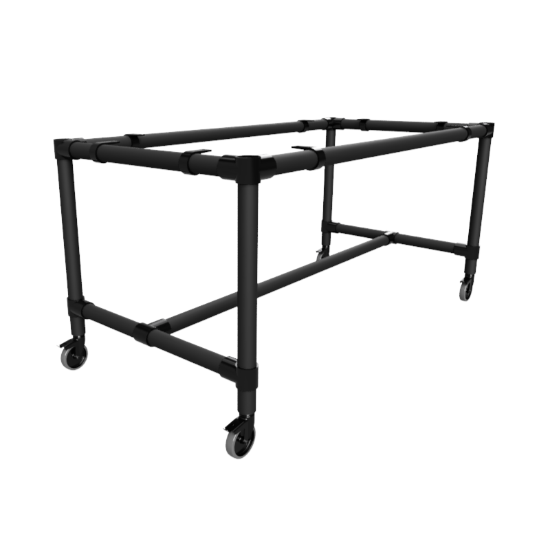 Zwarte steigerbuis onderstel tafel uit buis Ø 26,9 mm zwenkwielen Ø 125 mm