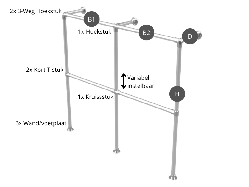 Kledingrek staand dubbel uit steigerbuis Ø 26,9 mm