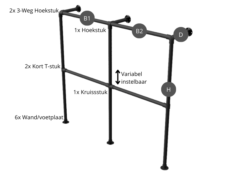 Zwarte kledingrek staand dubbel uit steigerbuis Ø 26,9 mm