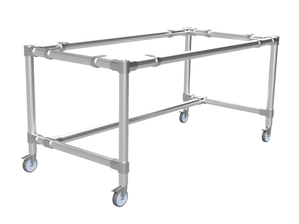 Werktafel op maat - MDF werkblad 18 mm - gegalvaniseerd onderstel Ø 42,4 mm - wielen Ø 100 mm