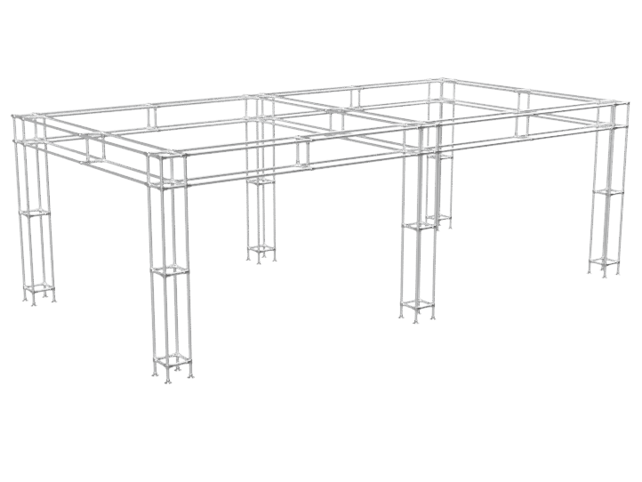 Beursstand Stage tot 8 m op maat 2 secties modulair uit buis Ø 42,4 mm aluminium