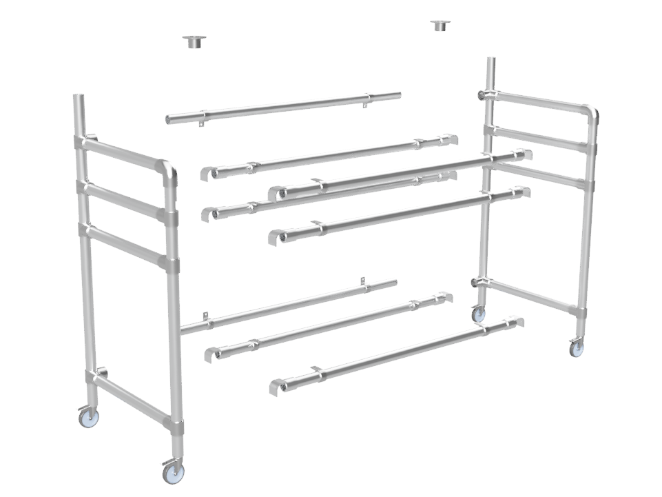 Balie bar stand frame (zonder werkbladen en reclamebord of spandoek) uit steigerbuis Ø 26,9 mm en zwenkwielen